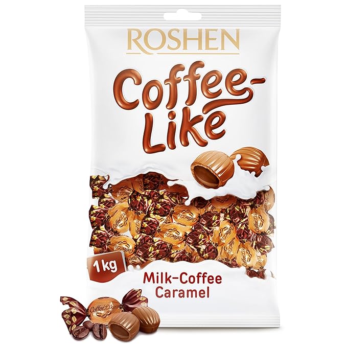 Roshen Coffeelike Caramel Candy, Coffee-Milky Filled, 2.2 lb (1kg) Bulk Pack, Soft Caramel with Natural Coffee Extract, Smooth Shell & Creamy Dairy Filling, Individually Wrapped Candies, Kosher, Halal