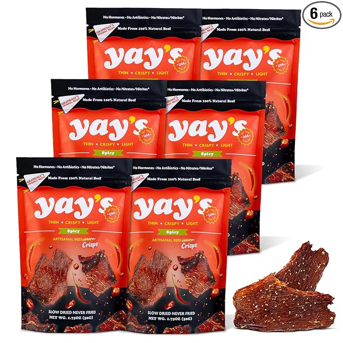 Yay's Snacks Sweet and Spicy Beef Crisps | Crispy, Crunchy, High Protein Snacks | Spicy Beef Jerky with 24G Protein Snacks Per Bag | Healthy Meat Snacks Non-GMO, USA Made - 6 Packs (1.75 Oz Each)