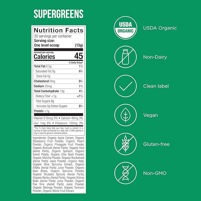 SuperGreens - Potent Superfoods Blend - Plant-Based Antioxidant Support - Greens Powder Supplement & Drink Mix - Non-GMO, Vegan & Gluten-Free - SuperGreens (30 Servings)