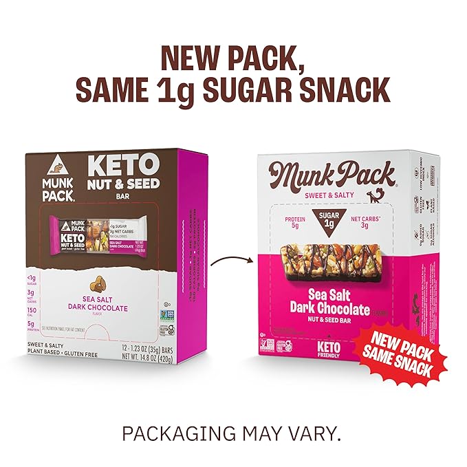 Munk Pack Sea Salt Dark Chocolate Nut & Seed Snack Bars | 5g Protein, 1g Sugar, 3g Net Carbs | Plant-Based, Low Sugar, Non-GMO, Gluten-Free Snacks | 12 Count (4.92 oz)