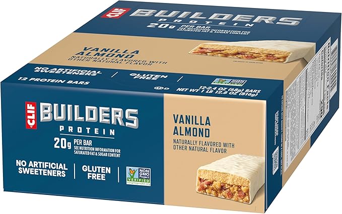 CLIF BUILDERS Protein Bars - Vanilla Almond Flavor - 20g Plant Based Protein - Gluten Free - Non-GMO - Low Glycemic - No Artificial Sweeteners - 2.4 oz. (12 Pack)