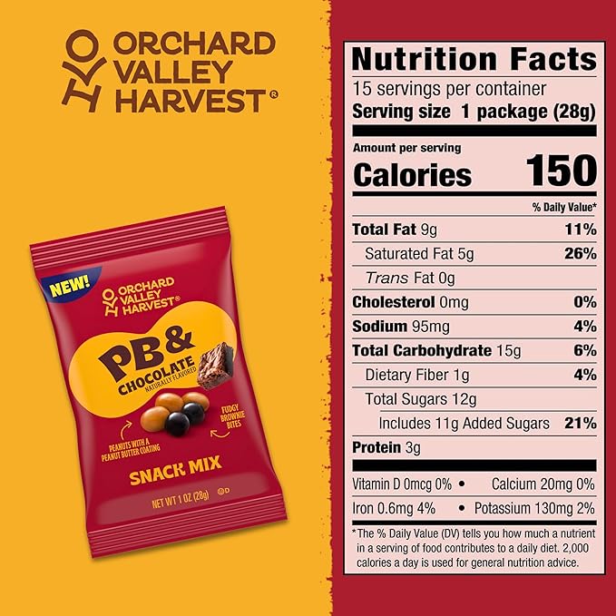 Orchard Valley Harvest Peanut Butter Covered Peanuts & Fudgy Brownie Bites With Chocolatey Coating Snack Mix, 1oz Bags (Pack of 15), Perfect On-The-Go Snack
