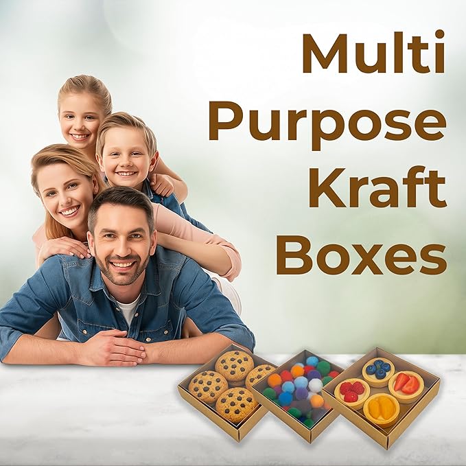 Diakarma Gift Boxes with Clear Cover, Bakery Treat Boxes for Small Cakes, Cookies, Desserts, Donuts, Pastries, Gifts, and Party Favors – Durable & Elegant (24 Pieces Brown Kraft, 4"x4"x1.2")