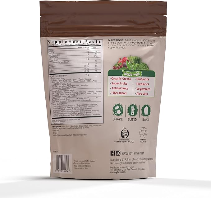 Country Farms Super Greens Chocolate Flavor, 50 Organic Super Foods, USDA Organic Drink Mix (Wheat Grass, Spirulina, Chlorella) Mushrooms & Probiotics, with Fiber, Natural Energy, 30 Servings