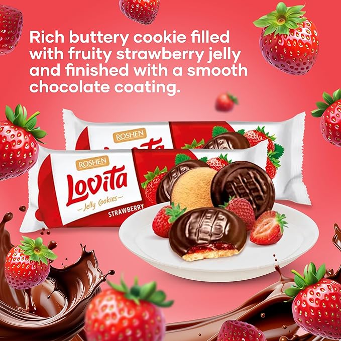 Roshen Lovita Cookies with Strawberry Jelly Filling, 4.76 oz, Golden Biscuit with Strawberry Jelly & Smooth Chocolate Glaze, European Gourmet Cookies, Pack of 2