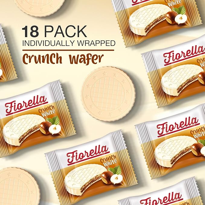 Fiorella Crunch White Chocolate Wafer Cookies, 18 Count, Chocolate Covered Crispy Thin Wafers with Layers of Hazelnut Cream Filling, Individually Wrapped Snack Cookies, Bulk Chocolate Candy, 12.69 Oz