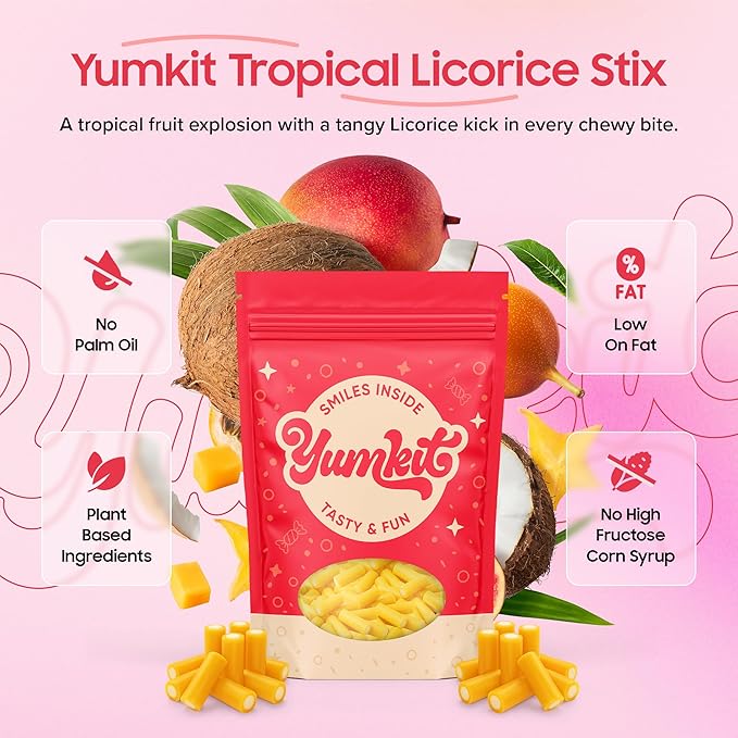 Tropical Cream Soft & Chewy Stix | Licorice Candy Assortment 2 lbs | Tropical Fruit Flavor | Big Bag of Australian Licorice Bulk | No Palm Oil, Plant Based | Treats for Goodie Bags & Party Favors | Yumkit