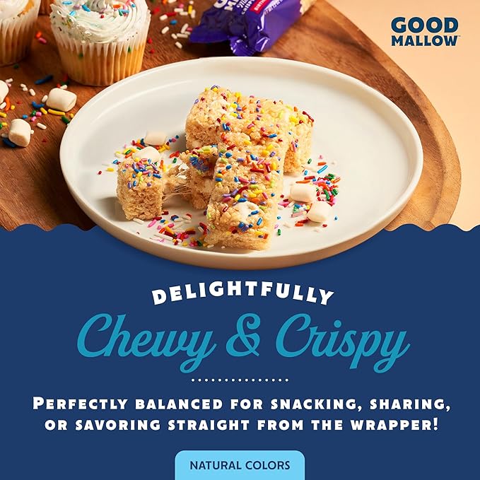 GoodMallow Vegan Rice Crispy Treats Individually Wrapped Box of 8 , Kosher Vegan Snacks, Gluten Free Dairy Free Snacks for Kids & Adults - Healthy Sweets Made with Gourmet Marshmallows , Made in USA (Birthday Cake)