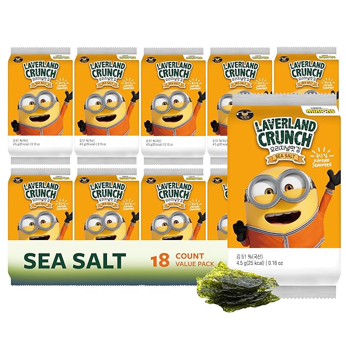 Laverland Crunch Seaweed Snacks, Sea Salt, Minions, 18 Individual Snack Packs – Double Roasted Korean Seaweed, Healthy Snacks for Adults & Kids, 0.16 Oz Ea