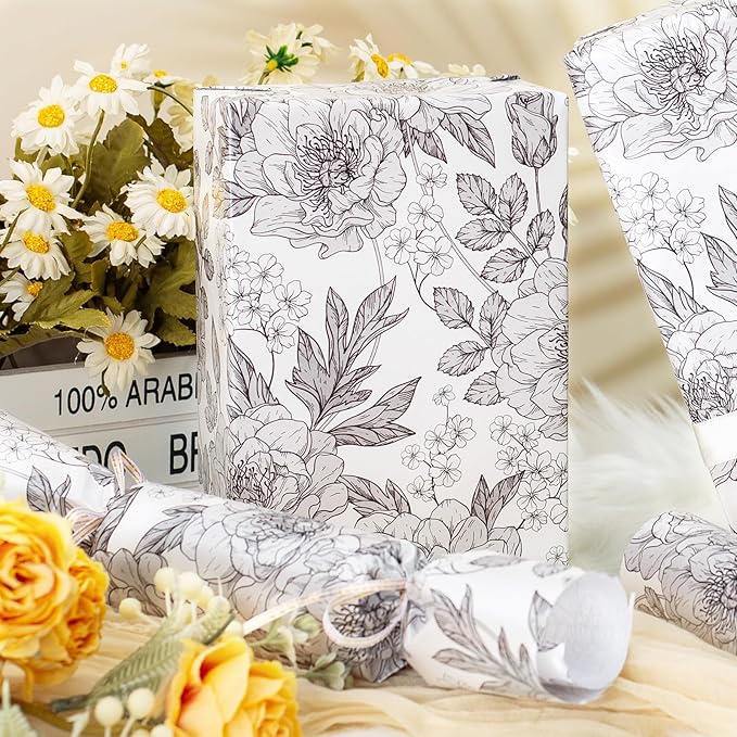 Homeral Shimmer Floral Gift Wrapping Paper Roll-46.8 sq.ft. Black and White Pearly Luster Vintage Flower for Wedding, Birthday, Baby Shower, Anniversaries, Party-17 Inch x 33 Feet