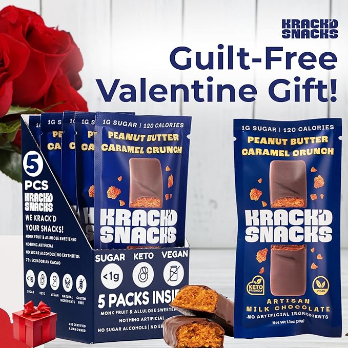 Krack’d Snacks Keto Milk Chocolate Candy Bars 5 Pk- Low Carbs, Sugar Free Keto Bar with Peanut Butter Caramel Crunch & Allulose | Non GMO, Gluten Free Snack