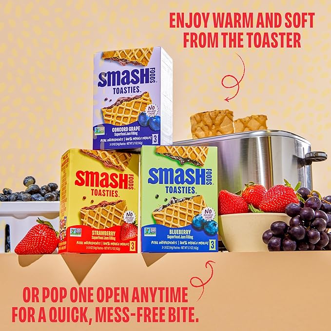 Smash Foods Toasties Variety 3 Pack – Healthy Whole Wheat Toaster Pastries Strawberry, Blueberry, Grape – No Refined Sugar, Real Fruit Filling – 9 Pastries Total – Non-GMO, Simple Real Ingredients (Variety)