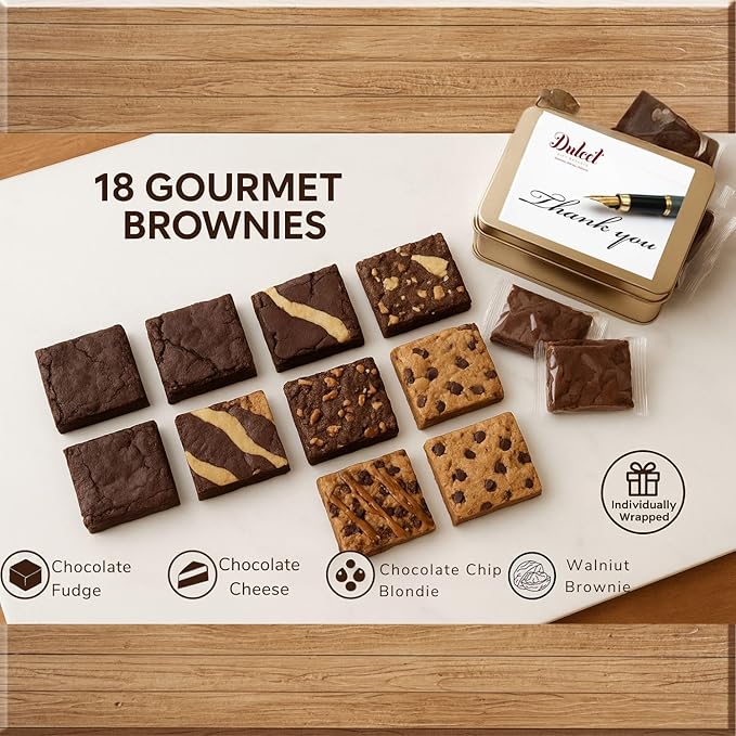 Thank You Gift Basket - 18 Individually Wrapped Brownies Freshly Baked in a Variety of Flavors - Dulcet's Signature Flavored Fudge Brownies - Gift Box Comes with Thank You Card