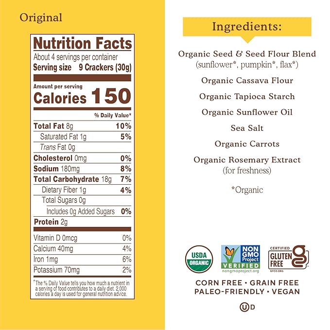 Simple Mills Organic Seed Crackers, Original - Gluten Free, Vegan, Healthy Snacks, Paleo Friendly, 4.25 Ounce (Pack of 3)