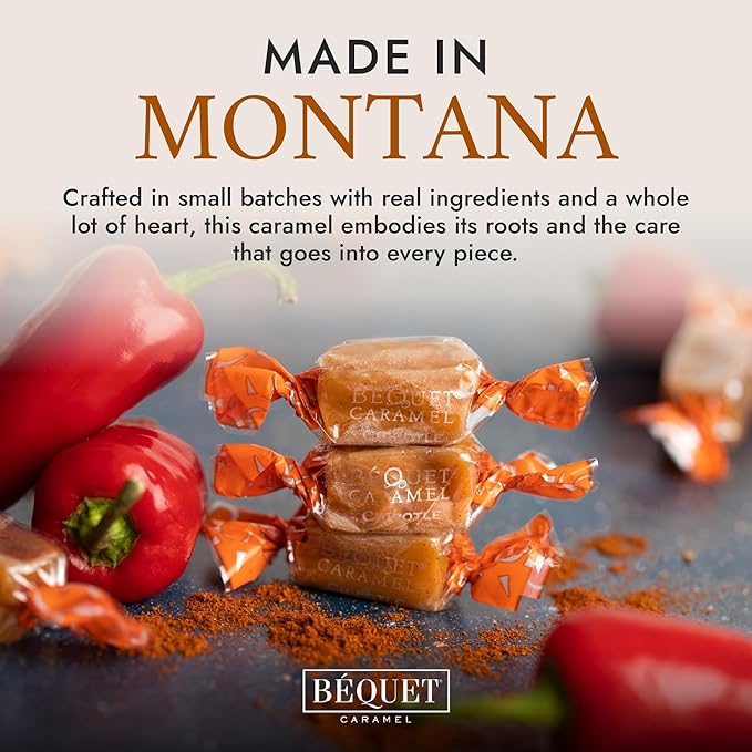 Béquet Caramel - Chipotle Caramel - Candy Individually Wrapped - Gourmet Caramel Candy - Made in Montana - Kosher (Star D) and Gluten Free - 24oz Resealable Pouch
