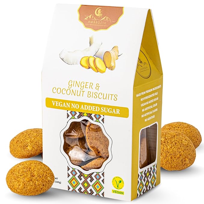 Ambrozia Vegan Snack Biscuits – Ginger & Coconut - Soft Baked, No Added Sugar, Clean Label, High Fiber & Wholesome Ingredients, Kid-Friendly, Healthy Snacks for Active Lifestyles, 4 x 4.58 Oz