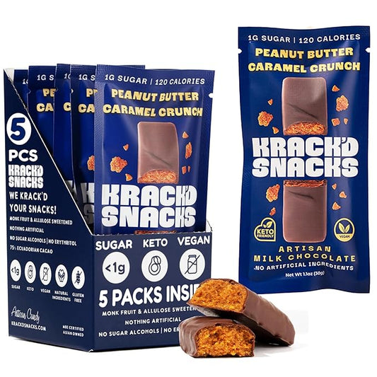 Krack’d Snacks Keto Milk Chocolate Candy Bars 5 Pk- Low Carbs, Sugar Free Keto Bar with Peanut Butter Caramel Crunch & Allulose | Non GMO, Gluten Free Snack