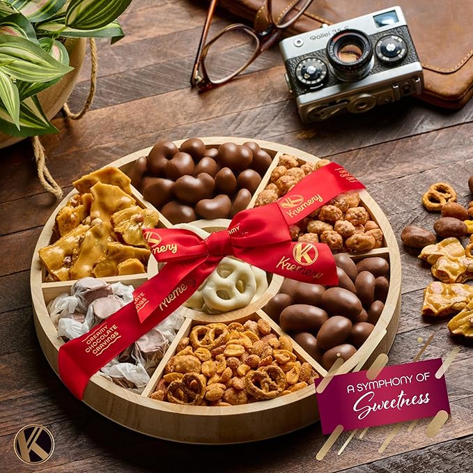 KREMERY Creamy Chocolate Cravings - Valentines Day Chocolate Covered Pretzels & Nuts Gift Basket, in Reusable Round Wooden Tray + Ribbon (7 Assortments) Sweet Treats, Kosher