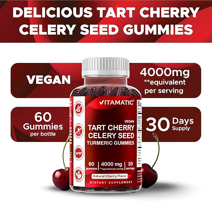 Vitamatic Tart Cherry with Celery Seed Gummies – 4000mg Equivalent Per Serving (from 10:1 Extract, 400mg) - 2-Pack