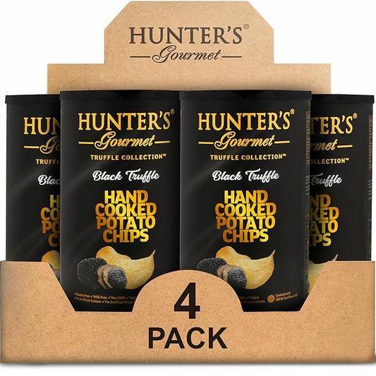 Hunter's Gourmet Potato Chips | Hand-Cooked | Lactose-Free | No Artificial Colors | Halal | Made in a Nut-Free Facility | Black Truffle Chips | Vegan | Gluten-Free Snacks | Pack of 4 | 150g