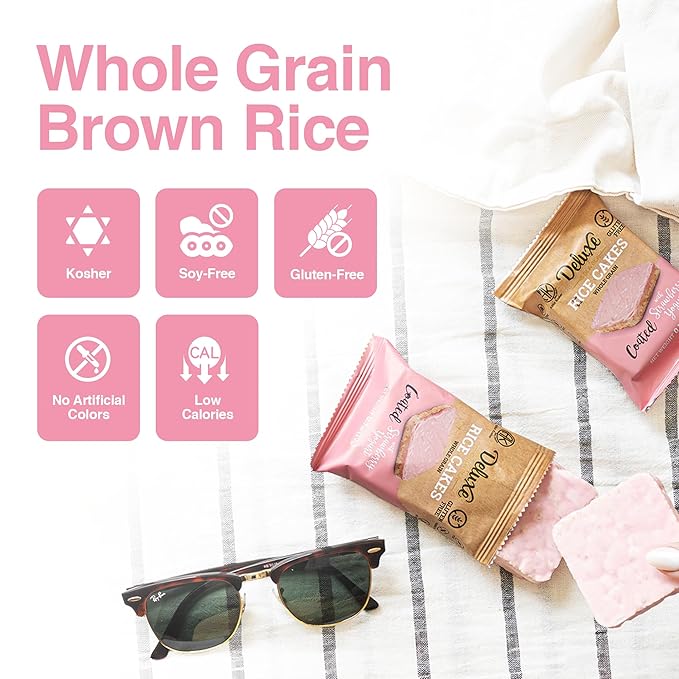 Deluxe & Bla Bla Rice Cakes 12 Pack – Whole Grain, Gluten-Free, Kosher, Low-Calorie Snack – Coated with Strawberry Yogurt – Healthy & Crunchy Treat – Individually Wrapped, (19g Each)