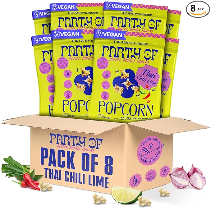 Party of Thai Chili Lime Popcorn Snack – Savory Citrus Heat with Spicy Kick – Gluten-Free, Veggie-Based, Healthy Snack – Individually Wrapped for Easy Snacking – Full Size Box of 8 – Chili Lime