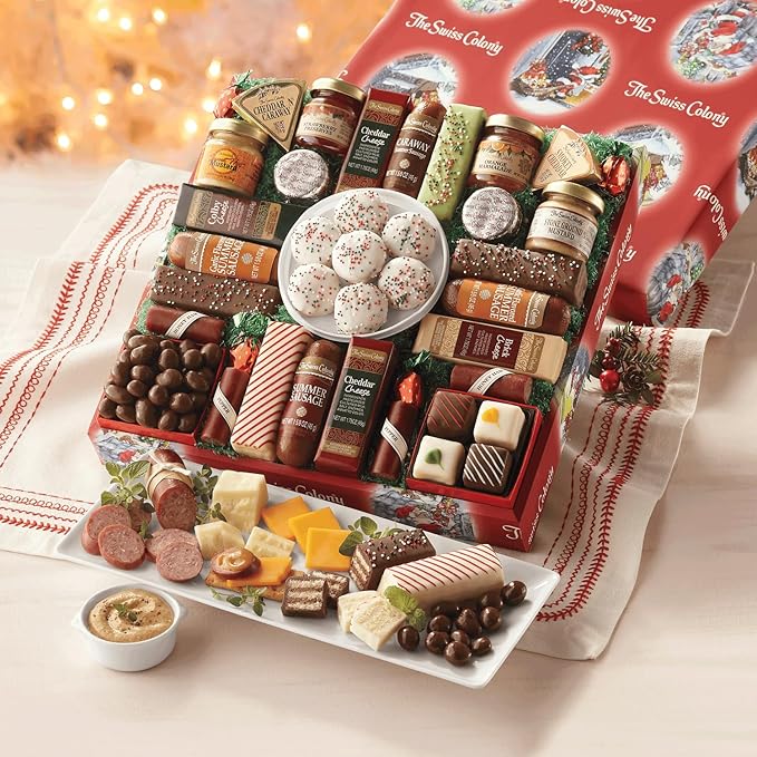 The Swiss Colony 27 Favorites and Traditional Christmas Candy Gift Bundle - Assorted Cheeses, Chocolates, Summer Sausage Meats, Nostalgic Hard Candy, Ribbons, Raspberry Drops and More