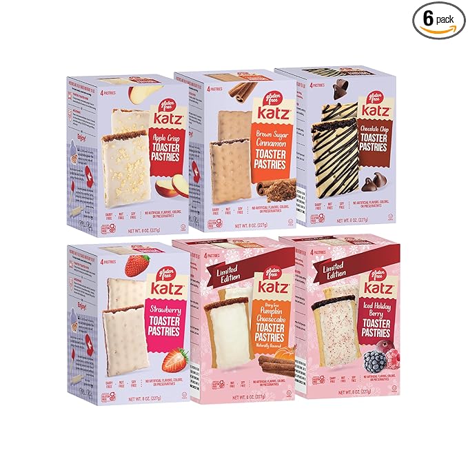 Katz Gluten Free Snacks Toaster Pastries Variety Pack. Apple Crisp, Cinnamon, Chocolate Chip, Strawberry, Iced Holiday Berry, & Pumpkin Cheesecake. Free of Dairy, Peanuts, Tree Nuts, and Sesame (6Pk)