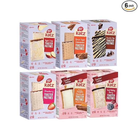 Katz Gluten Free Snacks Toaster Pastries Variety Pack. Apple Crisp, Cinnamon, Chocolate Chip, Strawberry, Iced Holiday Berry, & Pumpkin Cheesecake. Free of Dairy, Peanuts, Tree Nuts, and Sesame (6Pk)