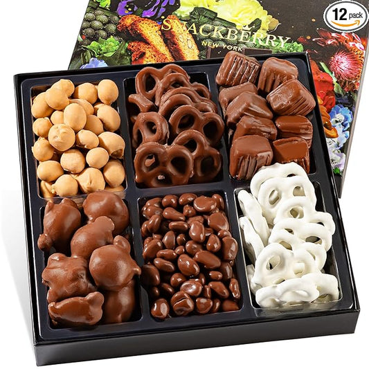 12-Pack Snackberry Premium Chocolate Gift Box – Gourmet Assortment with Chocolate Pretzels, Maple Nuts, Yogurt Pretzels & Milk Chocolate Caramels – Perfect for Holidays, Birthdays & Corporate Gifts