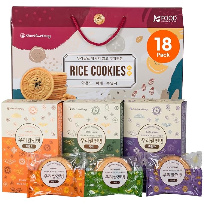 Korean Food Shinwhadang Korean Rice Wafer Cookie Gift Set (1.2 oz * 18 Packs) – Almond & Black Sesame & Green Laver (Seaweed) Flavors, Oven-Baked Crispy Rice Crackers (Total 21.6oz)