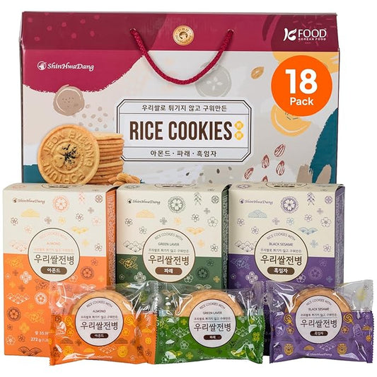 Korean Food Shinwhadang Korean Rice Wafer Cookie Gift Set (1.2 oz * 18 Packs) – Almond & Black Sesame & Green Laver (Seaweed) Flavors, Oven-Baked Crispy Rice Crackers (Total 21.6oz)