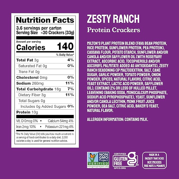 Milton's Protein Crackers Variety Bundle (Red Chili, Zesty Ranch, Everything, Crispy Sea Salt) - 10g of Plant-Based Protein Per Serving, Certified Gluten Free, Non-GMO - 4.25 Oz, Pack of 4