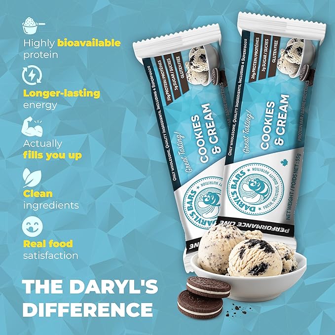 Daryl's Bars Cookies & Cream On the Go Snack On the Go Whey Protein Bars, Gluten Free, 20gr of Protein Snack, Meal Replacement, Pack of 1