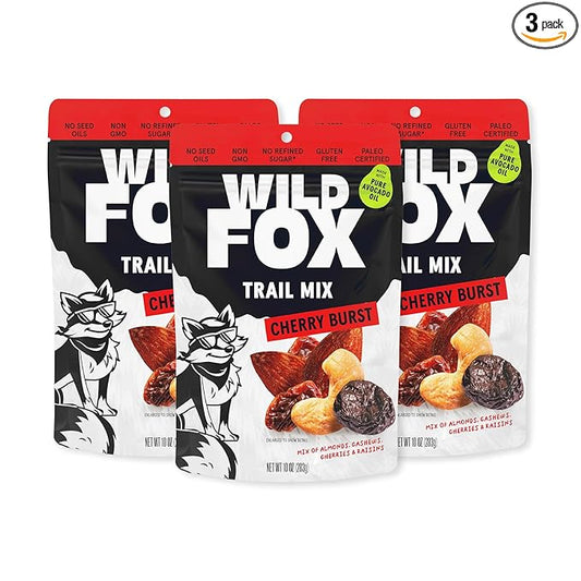 Wild Fox Trail Mix – Healthy Plant-Based Snack Made With Pure Avocado Oil And No Refined Sugar Or Seed Oils Ideal For Vegan Gluten-Free And Paleo Diets, Cherry Burst, 10 Ounce (Pack of 3)