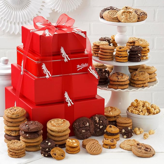 Mrs. Fields Crimson Ultimate Combo Tower - Assorted with 60 Original Sized Cookies, 78 Nibblers Bite-Sized Cookies, and 2 Bags Toffee Nut Popcorn (140 Count)