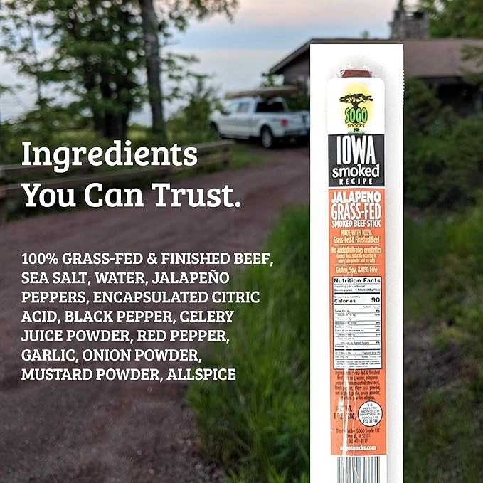 Jalapeño - Iowa Smoked Recipe, Sogo Snacks, Sugar Free Beef Jerky, Non-GMO Grass Fed Beef Sticks. No Nitrates, Gluten, Soy, MSG, Dairy, or Nuts. Paleo, Whole30, & Keto Snack (Jalapeno-ISR, 24 Cnt)