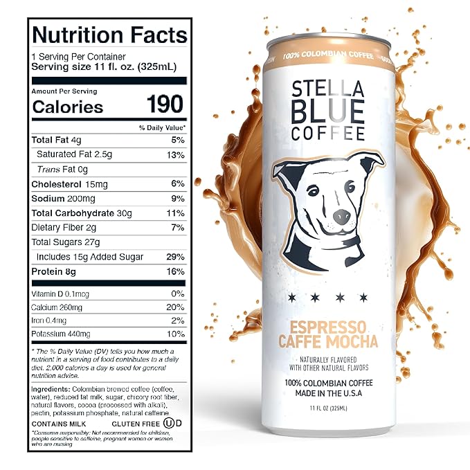 Stella Blue Espresso Caffe Mocha Cans, Ready-to-Drink Coffee Energy Beverage, 100% Colombian Coffee, 190mg Natural Caffeine, Gluten Free & Good Source of Protein, 11oz Can, 12 Pack