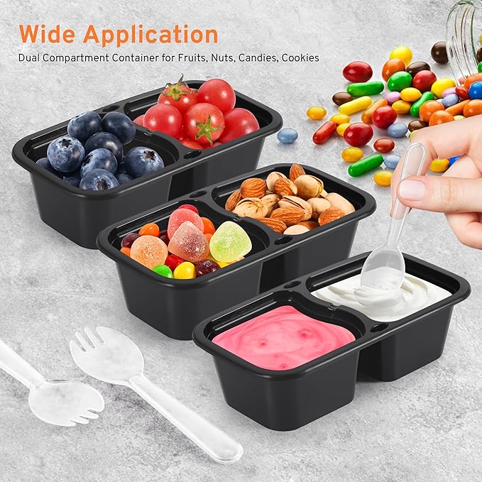 20 Set Snack Containers with Lids & Spoons, Reusable Double Compartment Condiment Containers for Lunches Picnics Parties, BPA-Free, Microwave Safe, Black