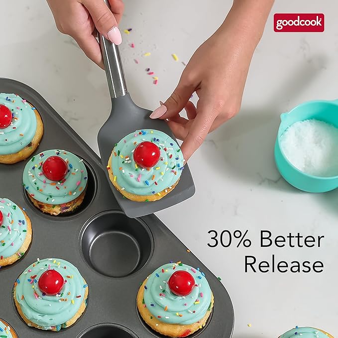 GoodCook PRO Muffin Pan Nonstick Cupcake Pan, Warp & Scratch-Resistant Dishwasher-Safe Carbon Steel Construction for Even Baking With or Without Liners, 12-Cup, Gray