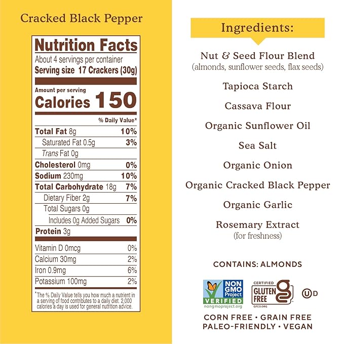 Simple Mills Almond Flour Crackers, Black Cracked Pepper - Gluten Free, Vegan, Healthy Snacks, Plant Based, 4.25 Ounce (Pack of 3)