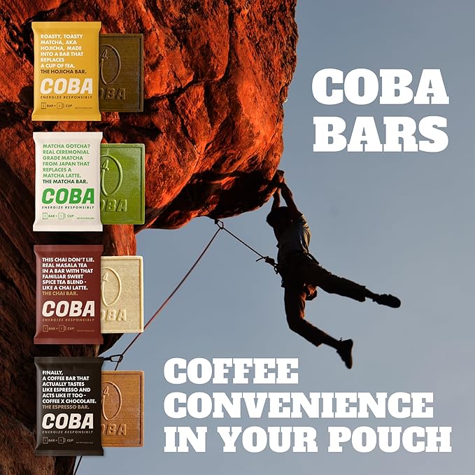 COBA Caffeinated Coffee Chocolate [1 Bar = 1 Cup of Hojicha] - Energy Boost, Portable, All Natural Caffeine for Gym, Travel, Daily Use - Gluten Free, Non GMO (8 Pack, Hojicha)