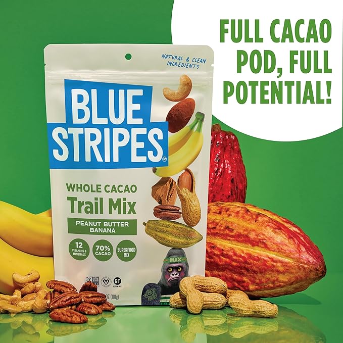 Blue Stripes - Trail Mix, Peanut Butter Banana, Cashews, Peanut Butter Chips, Healthy Snacks for Adults, Whole 70% Cacao, With Unrefined Sugar, Non GMO, Gluten Free, Vegan - 4 Pack, 8 oz