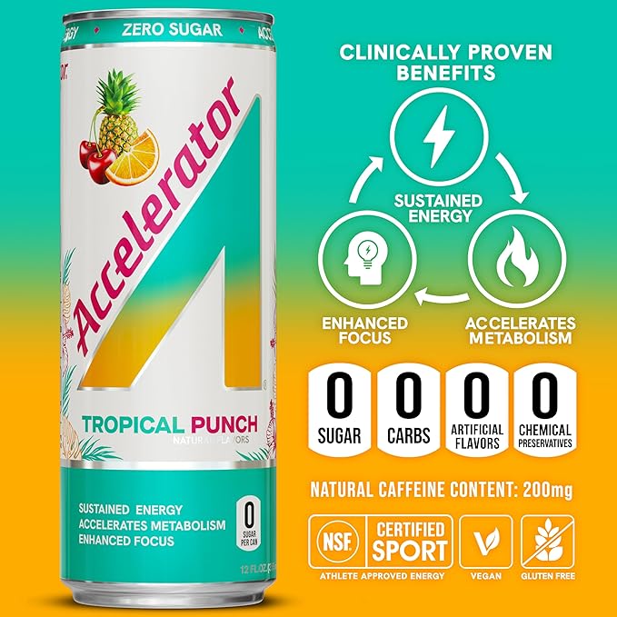 Accelerator Energy Drink, Tropical Punch, 12oz can (12 pack), Zero Sugar, Sustained Energy from 100% Natural Caffeine (200mg from Green Coffee Bean & Green Tea extract)