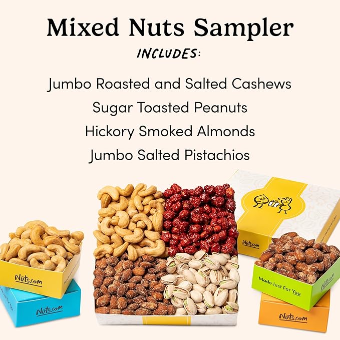 Nuts.com Mixed Nut Sampler – Variety Snack Box for Winter, Valentine's Day and Festive Gifts – 1.25Lb Gift Package Includes Pistachios, Peanuts, Hickory Smoked Almonds, Roasted and Salted Cashews