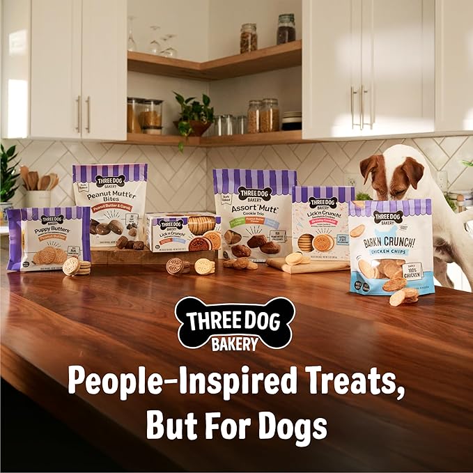 Three Dog Bakery Lick’n Crunch! Dessert Favorites Dog Treats Variety Pack, Crunchy Sandwich Dog Cookies with Churro, Blueberry Pie & Strawberry Shortcake Cream Fillings, 13 oz