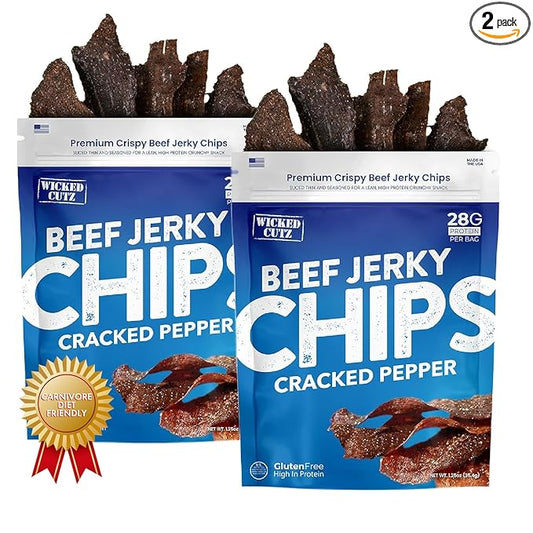 Wicked Cutz Cracked Pepper Beef Jerky Chips, 28g Protein per Bag, Crispy & Crunchy Beef Jerky Crisps, USA Made Pepper Flavored Chips, High Protein Carnivore Snacks (2 Bags)