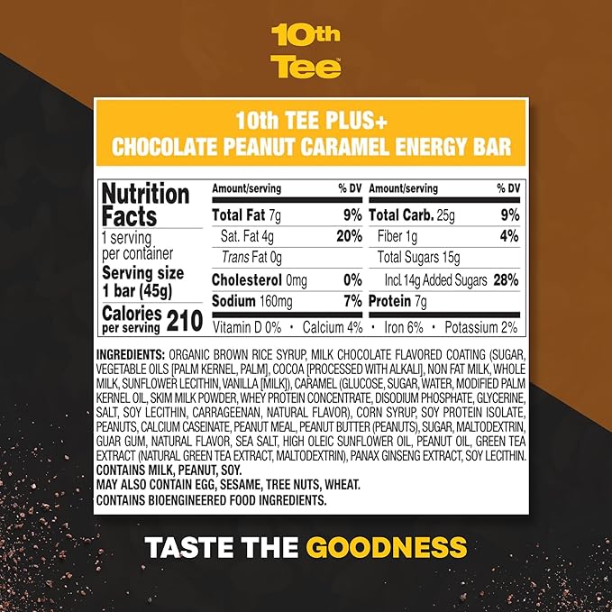 10th Tee Plus+ Chocolate Peanut Caramel Bar made with Natural Ingredients, 1.76-Ounce Bars (12 count) Golf Energy Bar Easily Digestible Chocolate Healthy office Snack best Bars