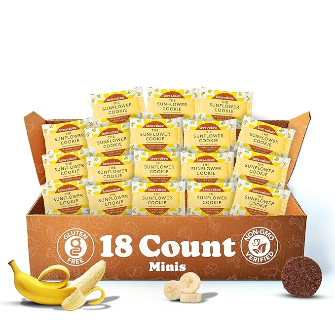 Love + Chew Soft Baked Protein Cookies, Gluten Free | (18) Count Sunflower Banana Bread Minis | Vegan, Paleo, Non GMO and Packed with Superfoods. - Individually Wrapped, and Made from Sunflower Seeds