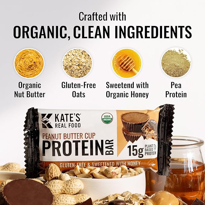 Kate’s Real Food Organic Protein Bars – (Peanut Butter Cup, 2.2 oz, Pack of 12) – Plant Based Protein Bars - Gluten Free, Soy Free, Non GMO, Whole Grains, and All Natural